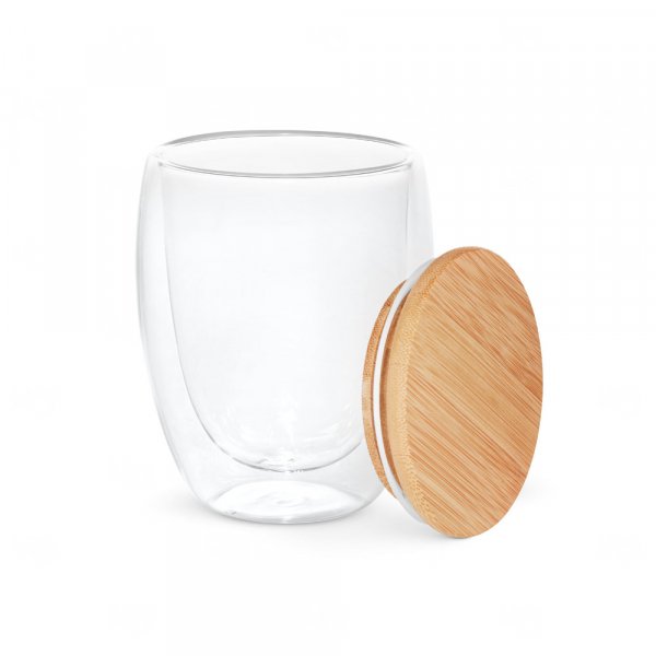 Copo de Vidro Isotérmico com Tampa de Bambu Personalizado - 350ml 
