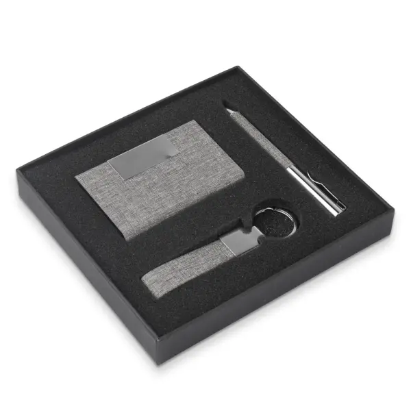Kit Escritório Porta Cartão, Chaveiro e Caneta Metálica Personalizado em RPET reciclável