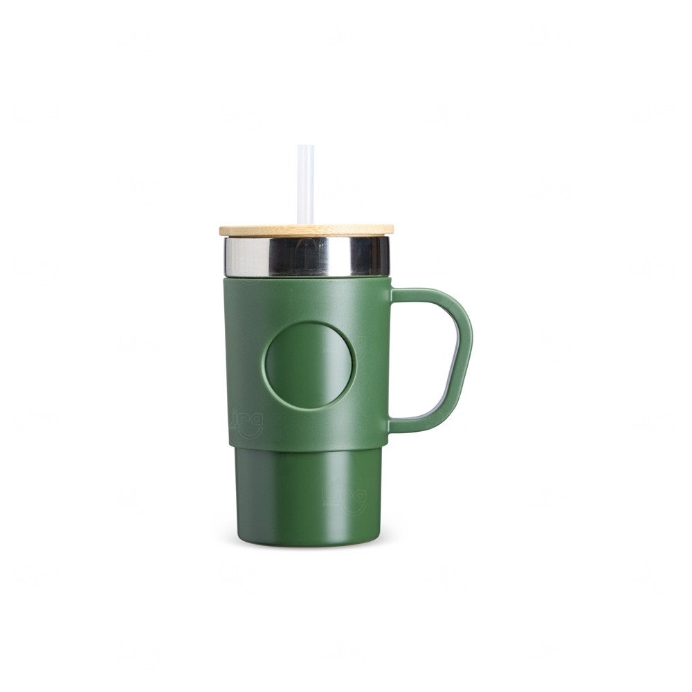 Caneca Térmica Aço Inox com Tampa de Bambu Personlizada - 400ml Verde
