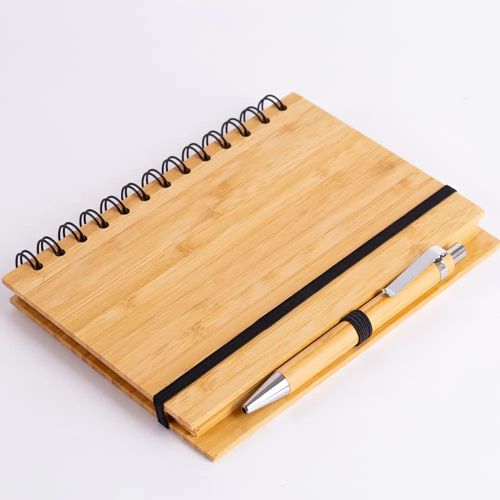 Caderno B6 Capa em Bambu com Caneta Personalizado 