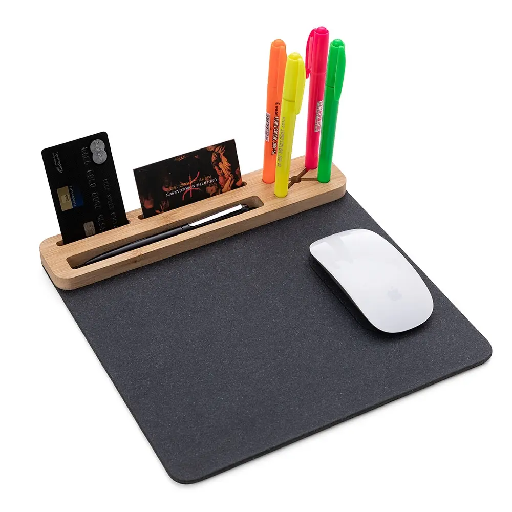 Mouse Pad Bambu com Porta Canetas e Cartões Personalizado 